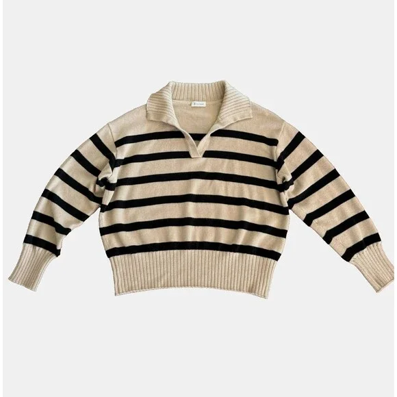 Lilysilk The Gilly Striped Tan Sweater 100% Merino Wool Pullover Preppy Luxe M - Picture 1 of 7